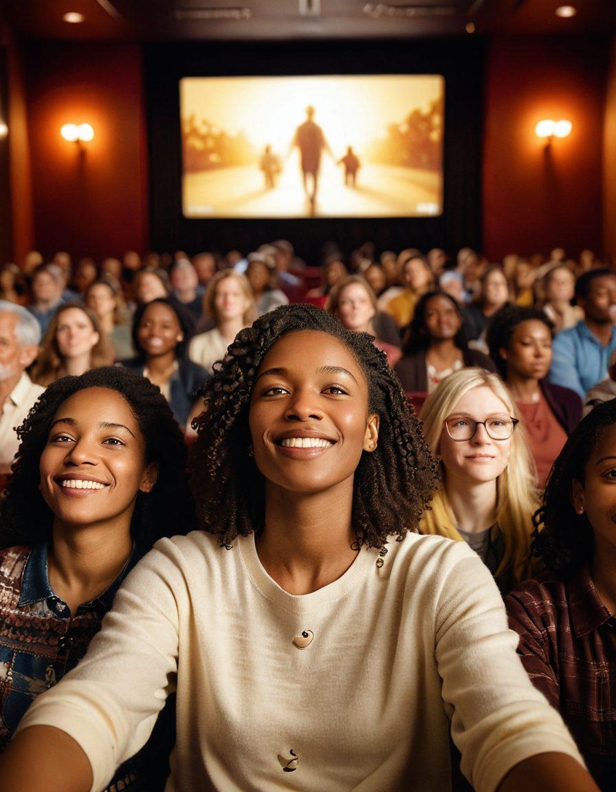 A warm and inviting cinema setting with a diverse group of people watching an inspiring film, soft lighting highlights their emotional reactions. Include elements of resilience, like subtle cancer awareness symbols, intertwined with scenes from the movie playing on the screen. Evoke a sense of community and healing through interconnected imagery of hands and hearts. super-realistic. warm colors. soft-focus.