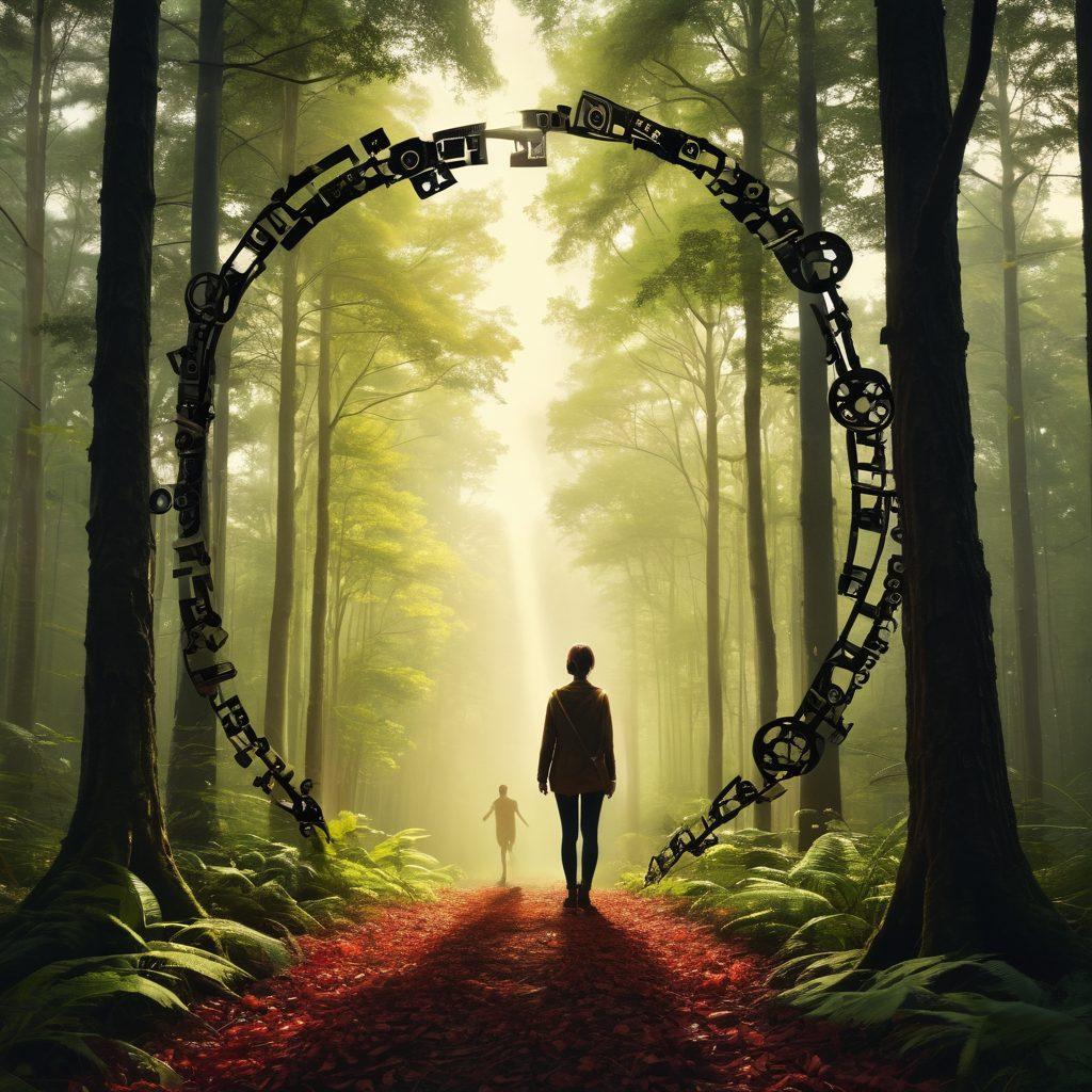 A striking collage depicting a film reel transforming into a vibrant forest scene symbolizing growth and resilience. Include a silhouette of a person standing strong amidst both the film symbols and natural elements, showcasing the journey from struggle to survival. Subtle visual cues of cancer awareness ribbons woven into the design. Cinematic lighting effects to create a sense of hope and inspiration. super-realistic. vibrant colors. 3D.
