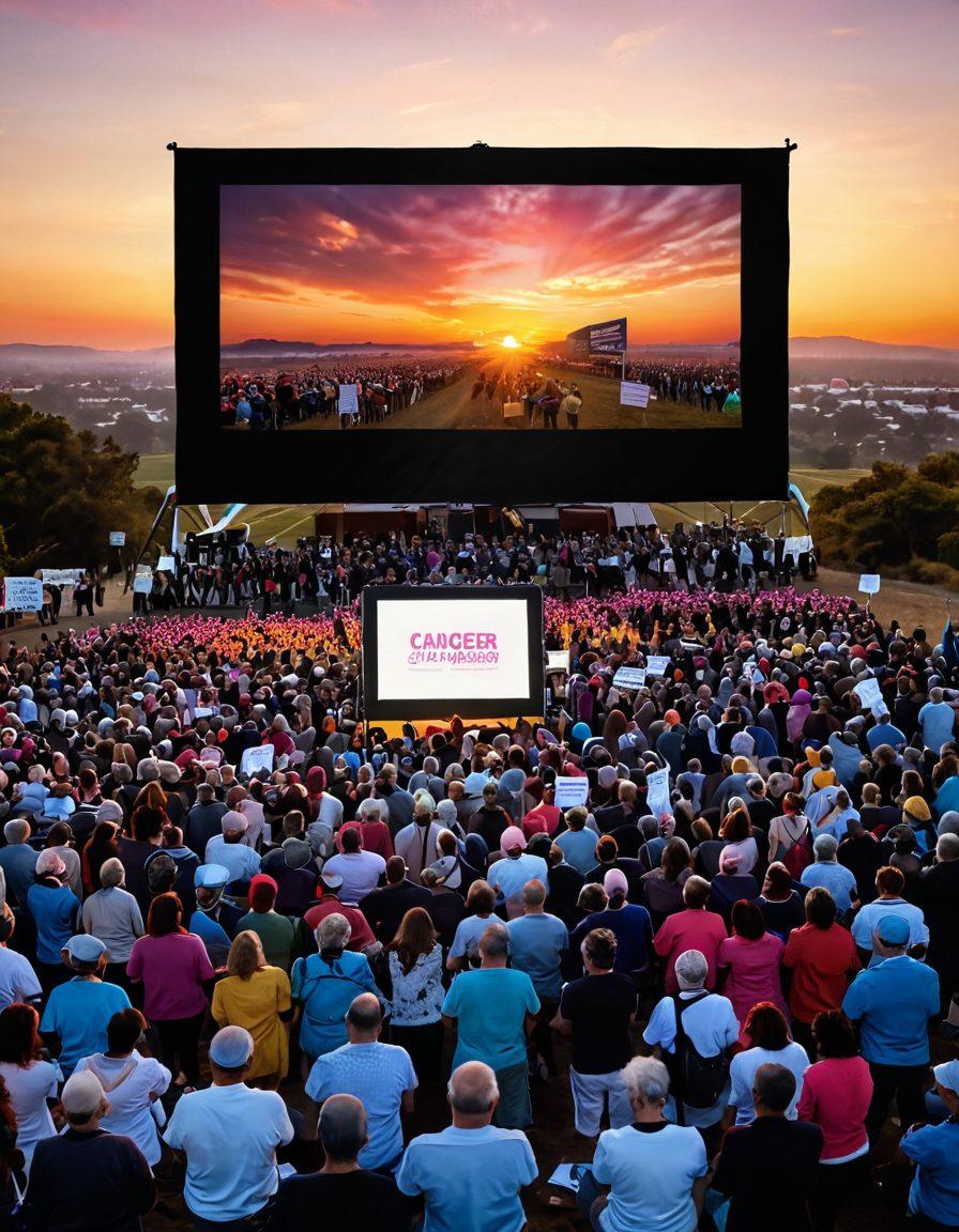A dramatic scene depicting a film camera filming a vibrant outdoor rally with people holding signs advocating for cancer awareness. The backdrop features a large movie screen displaying emotional clips related to cancer stories, with a sunset illuminating the scene. Include symbolic elements like ribbons and film reels intertwined. cinematic, vibrant colors, super-realistic.